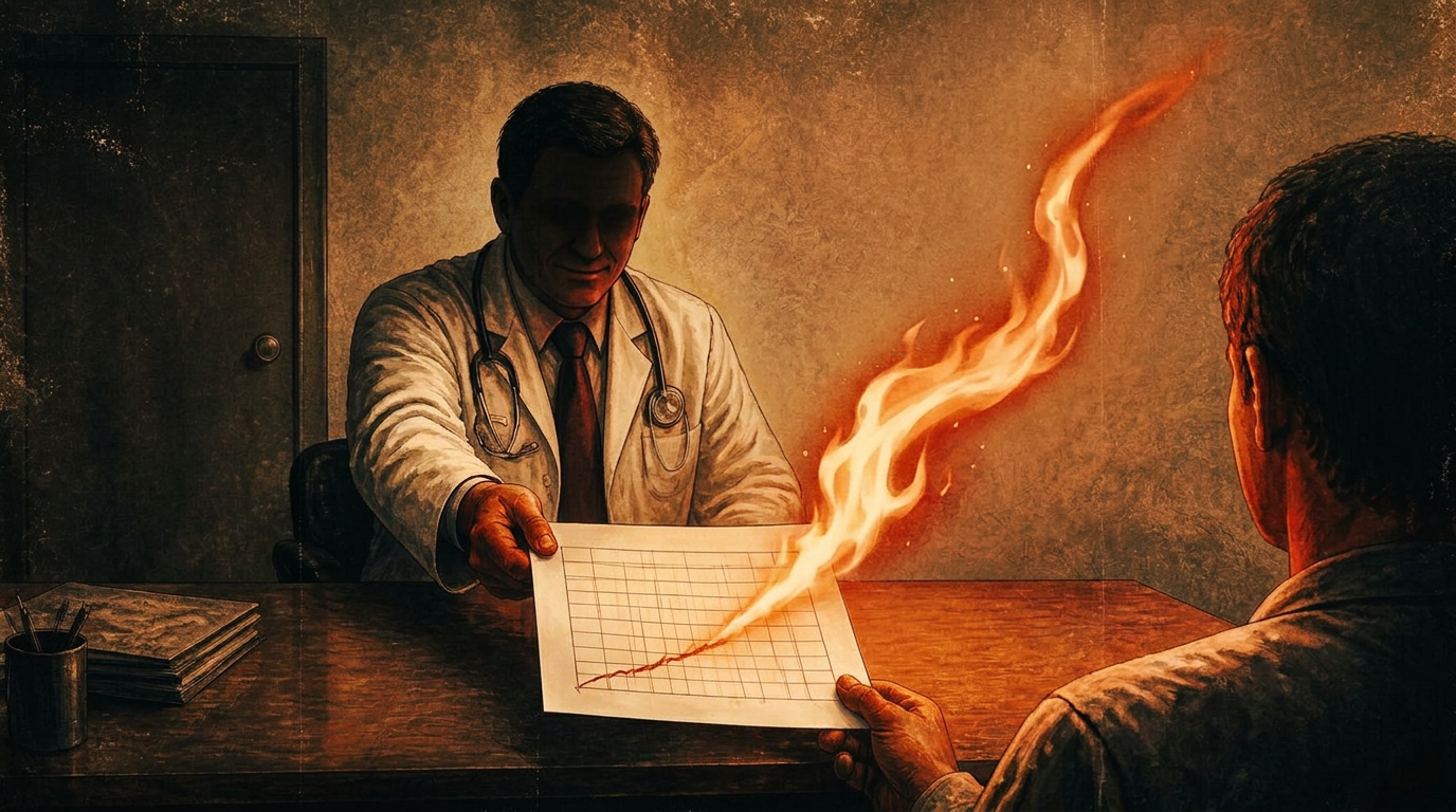 A medical test result on a doctor's desk, its rising curve burning into a wall of heat